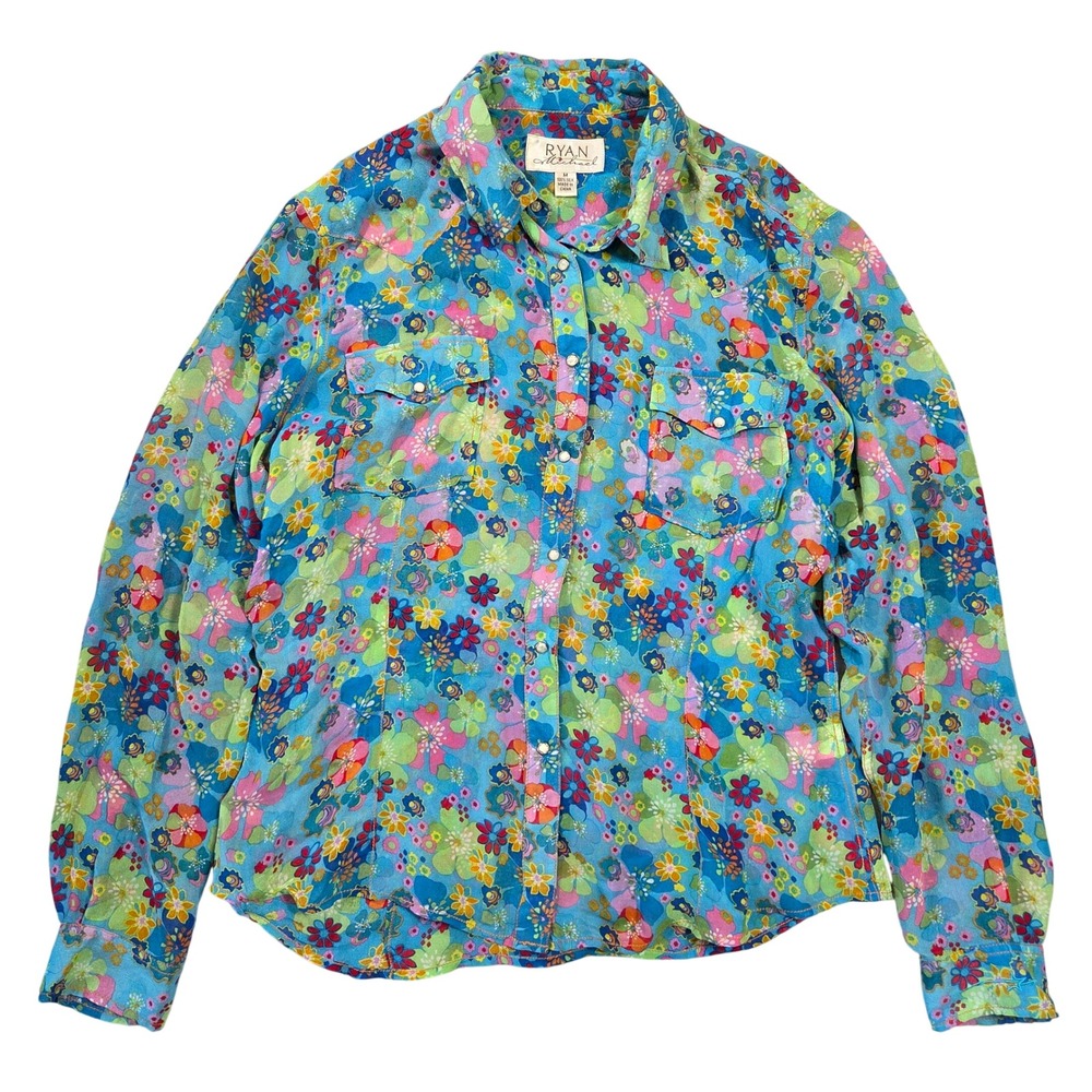 Ryan Michael Womens 100% Silk Floral Western Pearl Snap Shirt Blue Medium